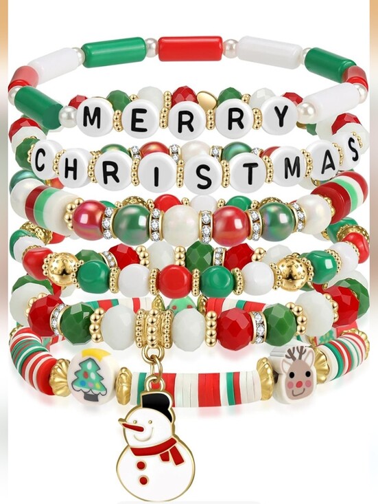Accessories - 6 PC Merry Christmas Holiday Stackable Bead Bracelet Set - Red, Green & White